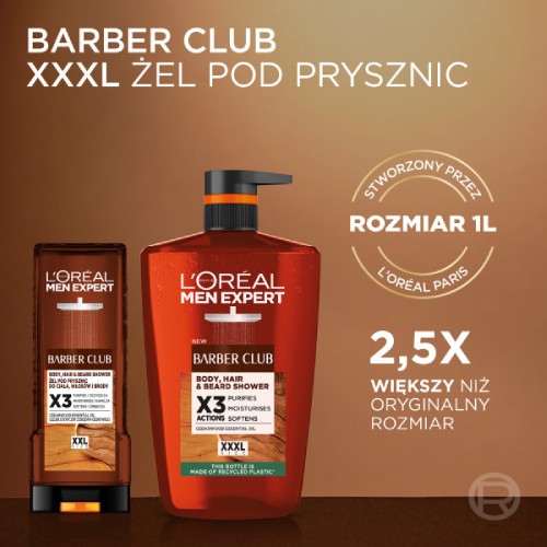 Miniaturka artykułu - #0 L'Or&eacute;al Men Expert Barber Club Żel pod prysznic do ciała włos&oacute;w i brody dla mężczyzn, 1000 ml