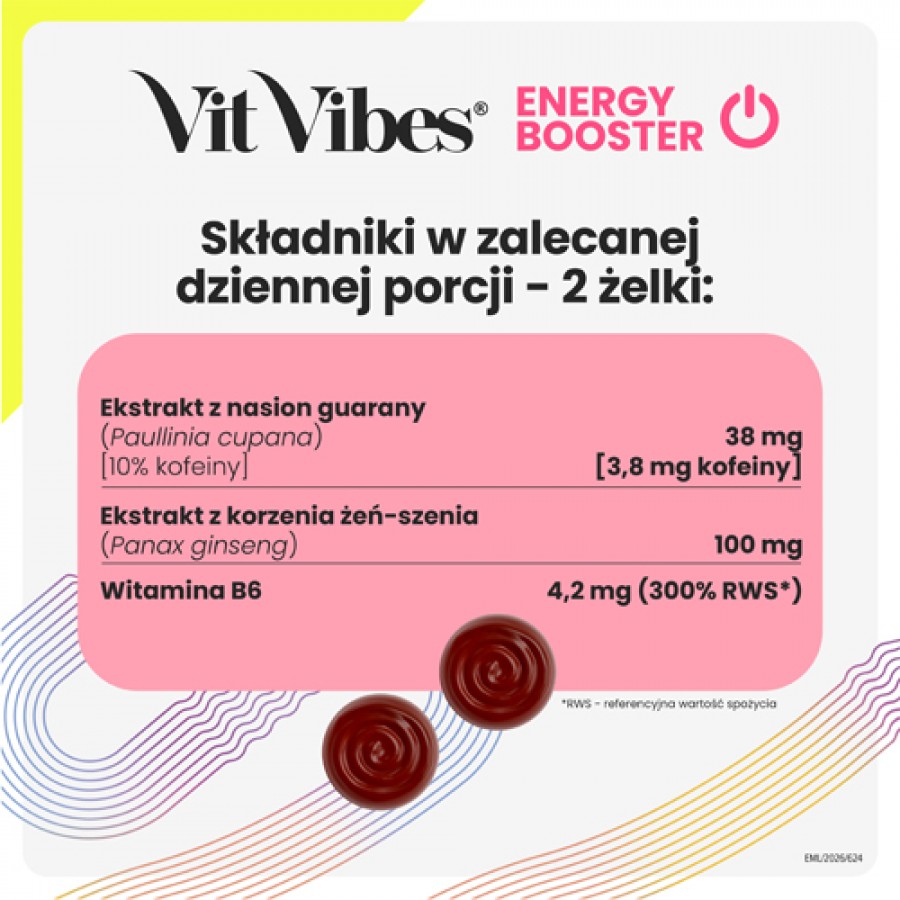 Zdjęcie produktu - 3 Vit Vibes Energy Booster żelki smak truskawkowy, 60 szt.