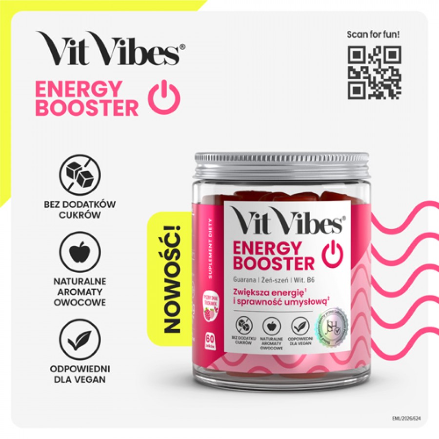 Zdjęcie produktu - 5 Vit Vibes Energy Booster żelki smak truskawkowy, 60 szt.