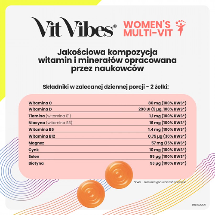 Zdjęcie produktu - 2 Vit Vibes Women's Multi-Vit żelki smak pomarańcza i mango, 60 szt.