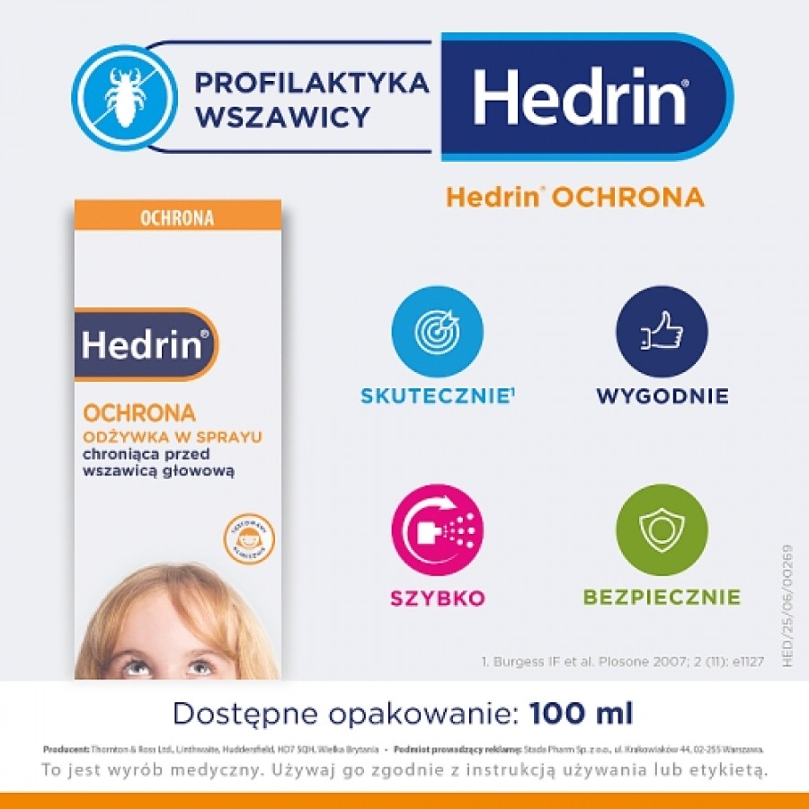 Miniaturka artykułu - #0 Hedrin Ochrona Odżywka w sprayu chroniąca przed wszawicą głowową, 100 ml