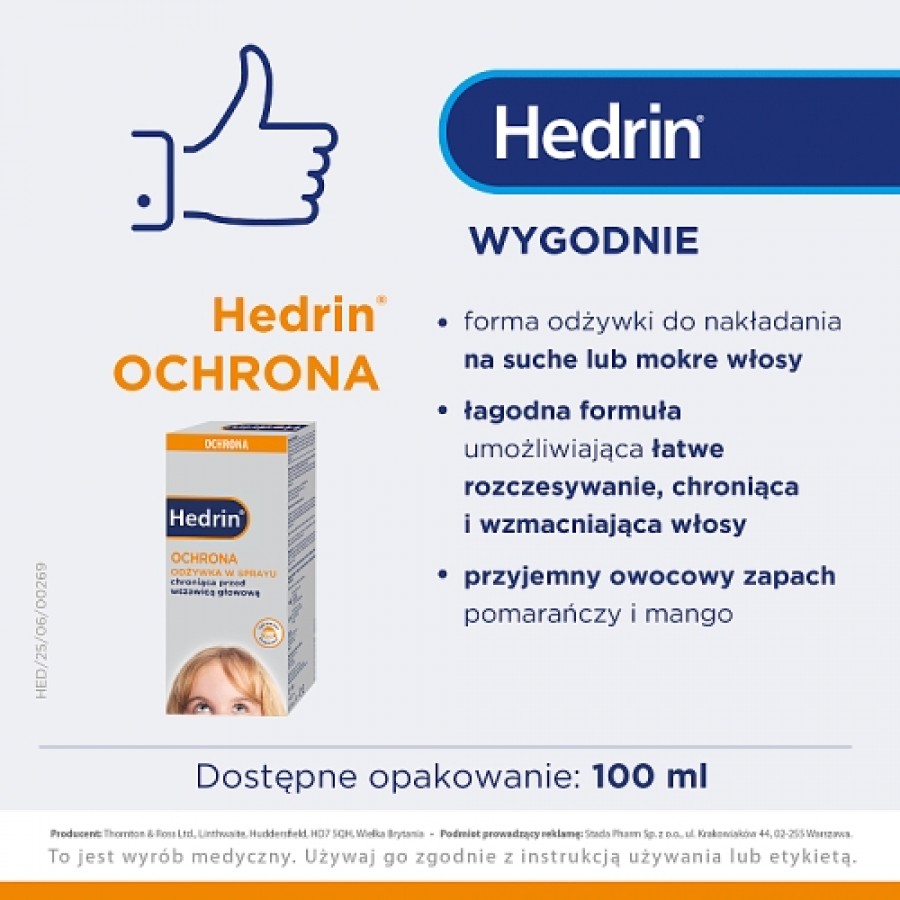 Zdjęcie produktu - 3 Hedrin Ochrona Odżywka w sprayu chroniąca przed wszawicą głowową, 100 ml