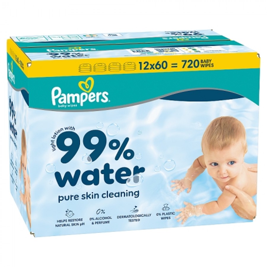 Miniaturka artykułu - #0 Pampers 99% Water Chusteczki nawilżane, 12 x 60 szt.