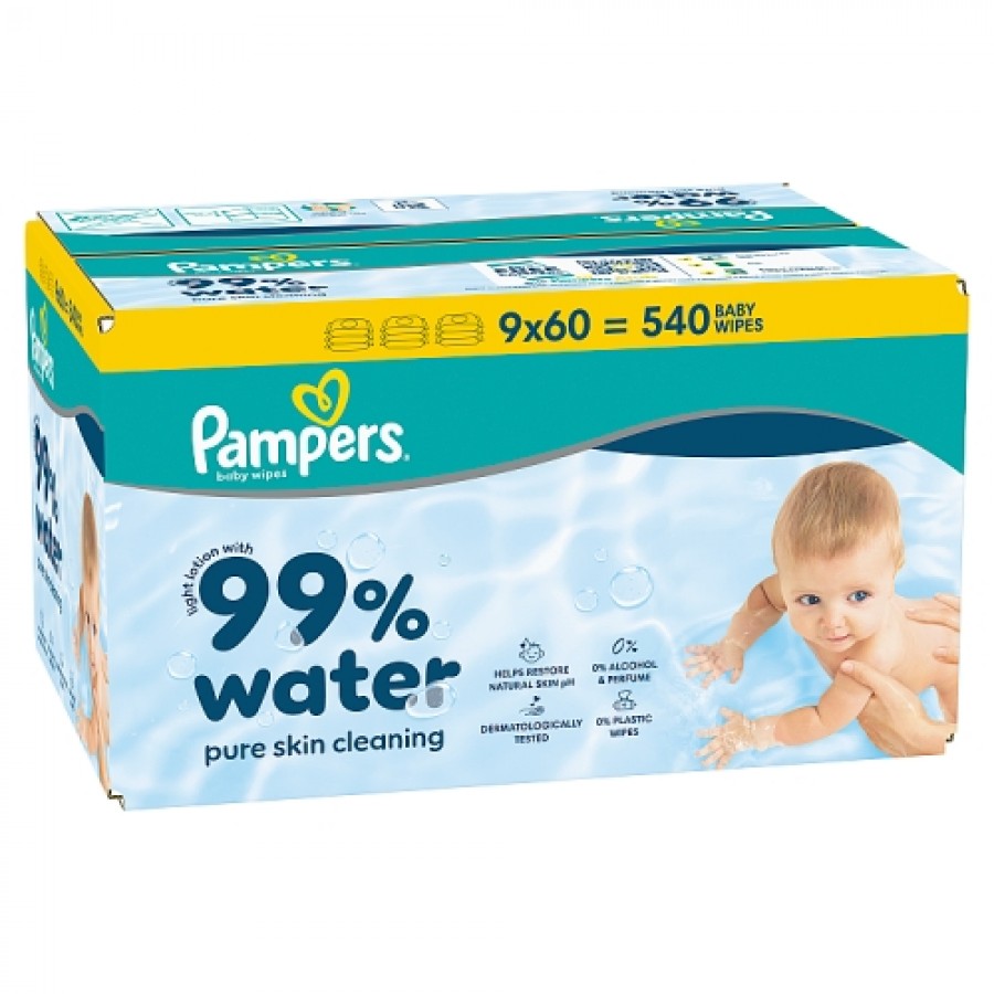 Miniaturka artykułu - #0 Pampers 99% Water Chusteczki nawilżane, 9 x 60 szt.