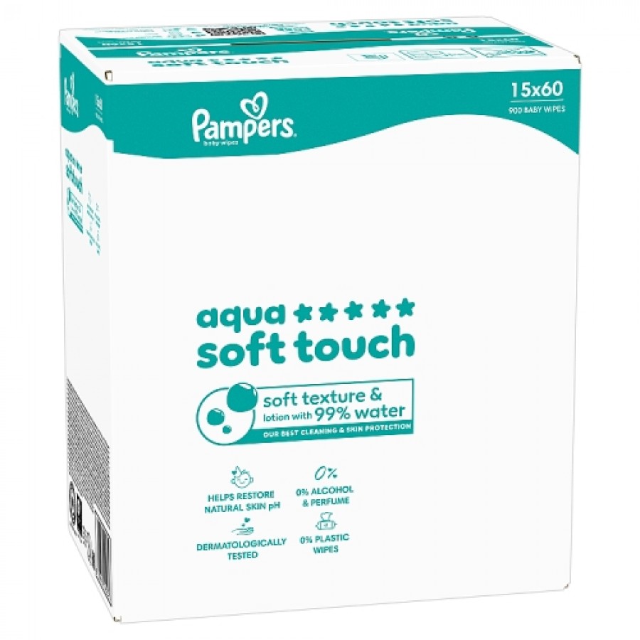 Miniaturka artykułu - #0 Pampers Aqua Soft Touch Chusteczki nawilżane, 15 x 60 szt.