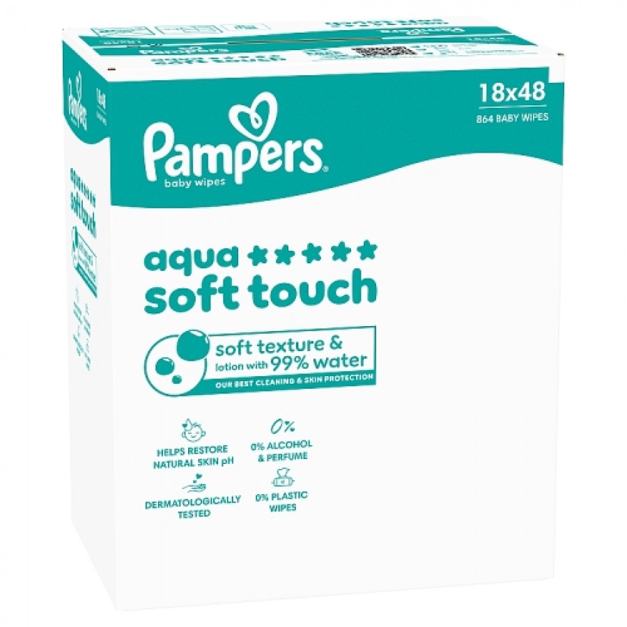 Miniaturka artykułu - #0 Pampers Aqua Soft Touch Chusteczki nawilżane, 18 x 48 szt.