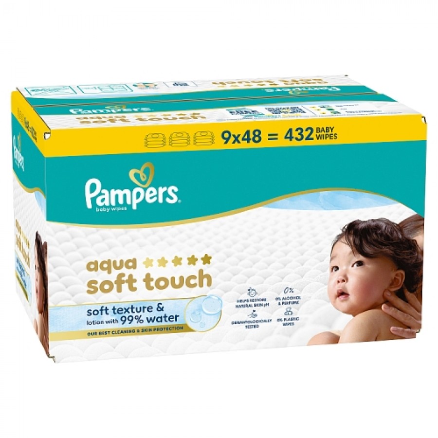 Miniaturka artykułu - #0 Pampers Aqua Soft Touch Chusteczki nawilżane, 9 x 48 szt.