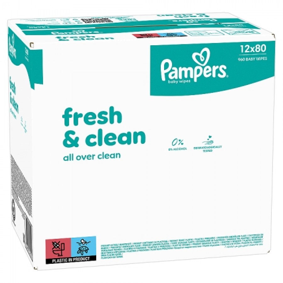 Miniaturka artykułu - #0 Pampers Fresh Clean Chusteczki nawilżane, 12 x 80 szt.