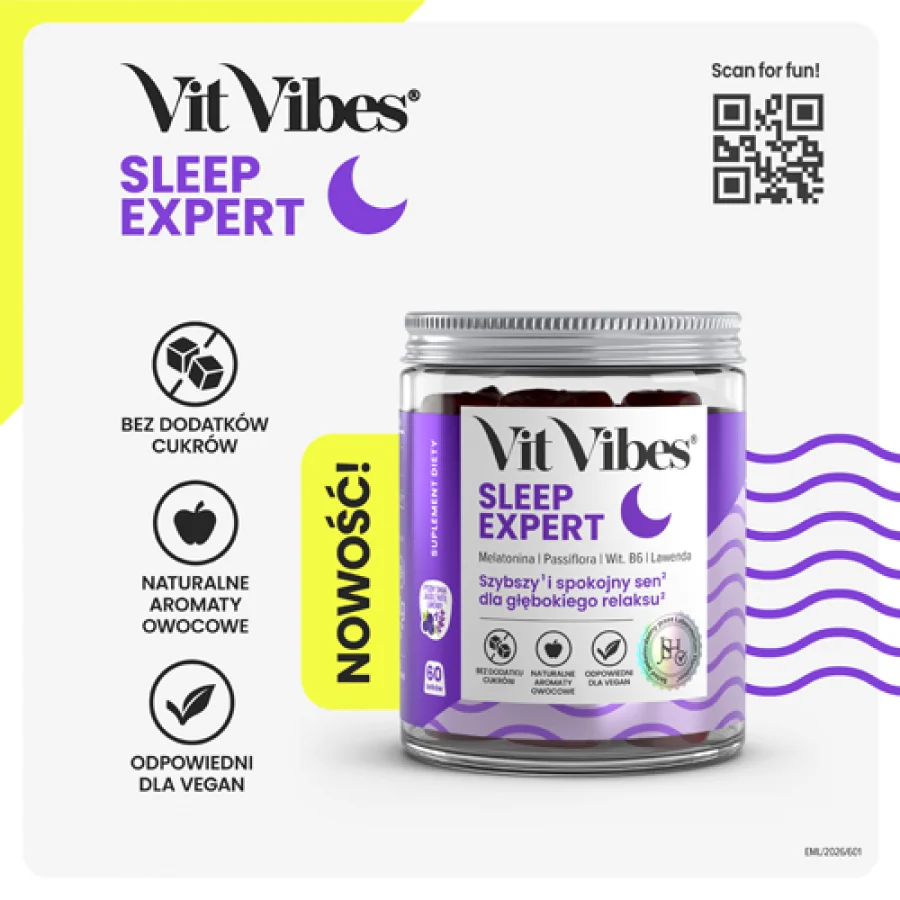 #5 – Vit Vibes Sleep Expert żelki z melatoniną o smaku jagodowym z nutą lawendy, 60 szt.