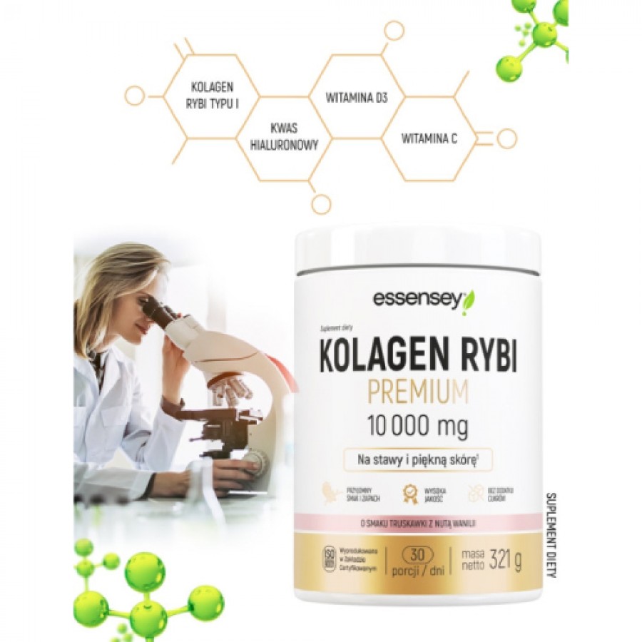 Miniaturka artykułu - #0 Essensey Kolagen Rybi Premium 10000 mg smak truskawka z nutą wanilii, 321 g