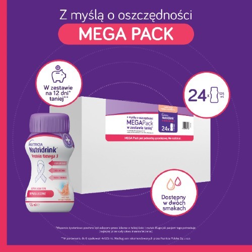 Zdjęcie produktu - 0 Nutridrink Protein Omega 3 rześki smak mango-brzoskwinia megapack, 24 x 125 ml
