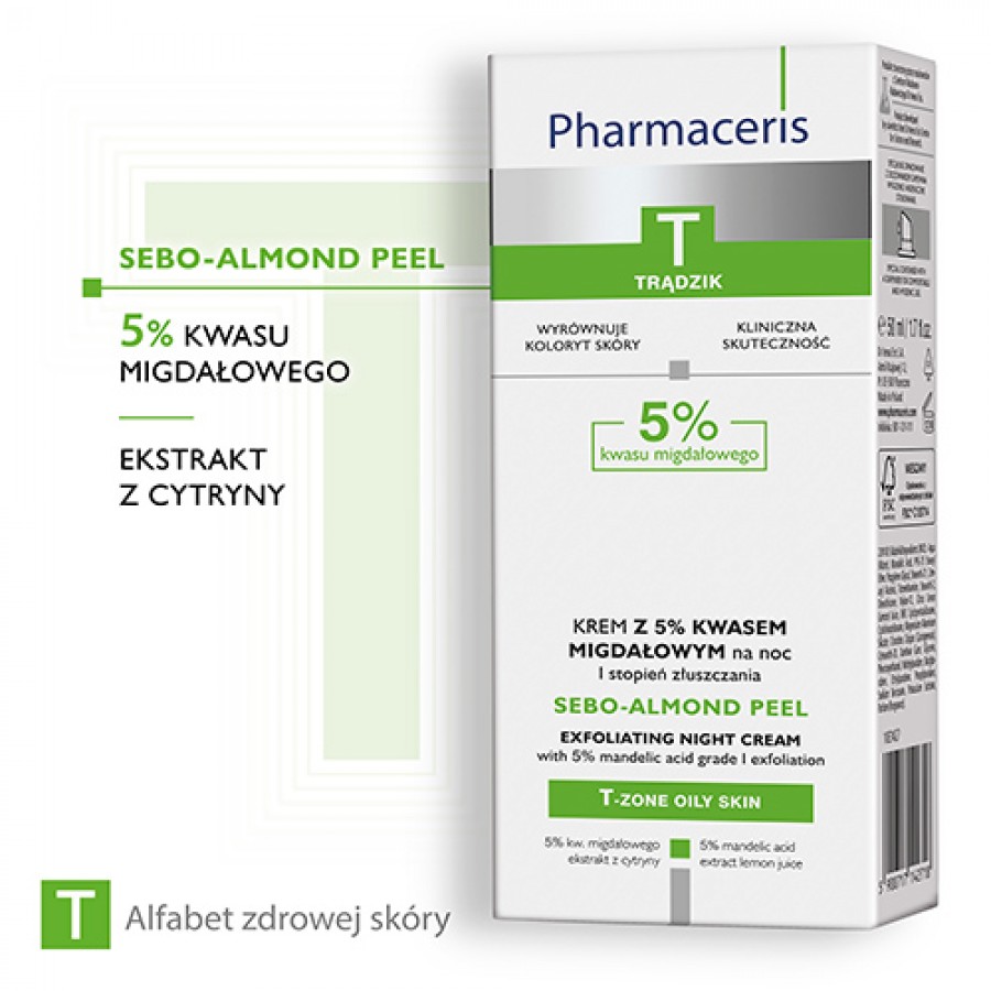 Miniaturka artykułu - #1 Pharmaceris T SEBO-ALMOND PEEL 5% Krem z 5% kwasem migdałowym na noc - I stopień złuszczania, 50 ml