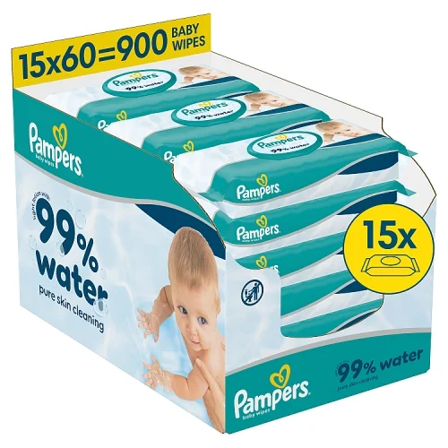 #5 – Pampers Aqua 99% Water Chusteczki nawilżane dla dzieci, 15 x 60 szt.