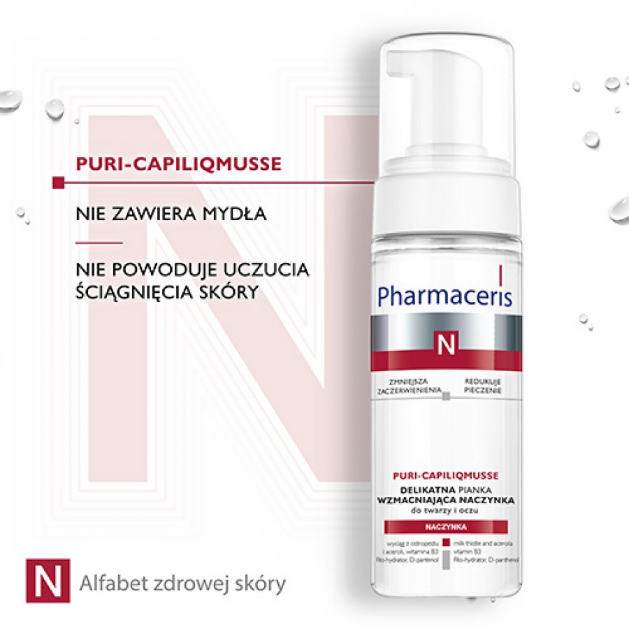 Zdjęcie produktu - 3 Pharmaceris N PURI-CAPILIQMUSSE Delikatna pianka wzmacniająca naczynka do mycia twarzy i oczu, 150 ml