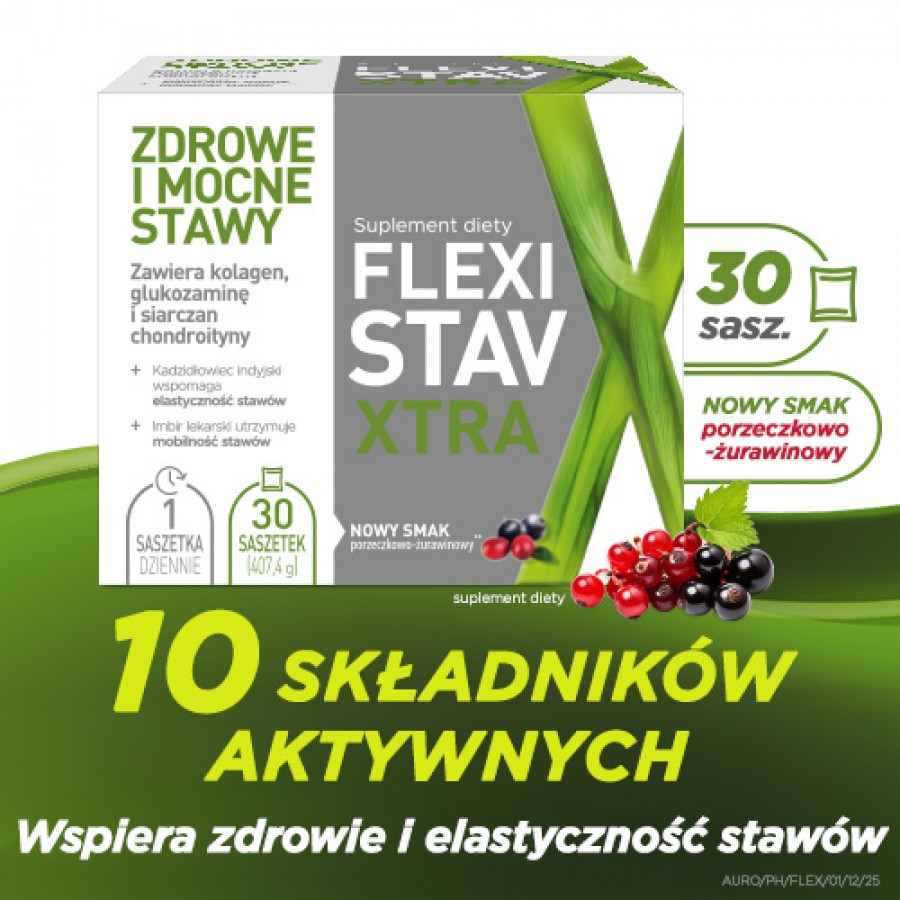 Miniaturka artykułu - #0 FlexiStav Xtra smak porzeczkowo-żurawinowy, 30 sasz. - zawiera kolagen, siarczan chondroityny i siarczan glukozaminy