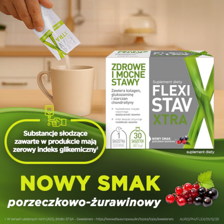 Zdjęcie produktu - 3 FlexiStav Xtra smak porzeczkowo-żurawinowy, 30 sasz. - zawiera kolagen, siarczan chondroityny i siarczan glukozaminy