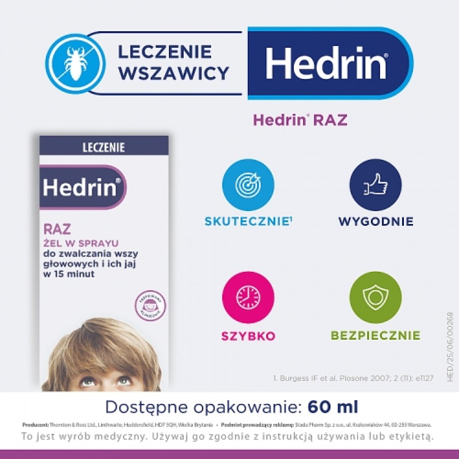 Miniaturka artykułu - #0 Hedrin Raz Żel w sprayu na wszy i gnidy, 60 ml