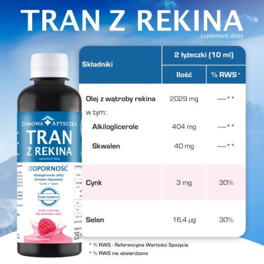 Zdjęcie produktu - 3 DOMOWA APTECZKA Tran z rekina o smaku malinowym, 250ml