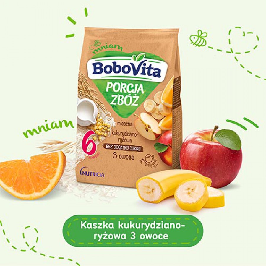 Miniaturka artykułu - #0 BoboVita Porcja Zb&oacute;ż Kaszka mleczna kukurydziano- ryżowa 3 owoce - 210 g (25763)