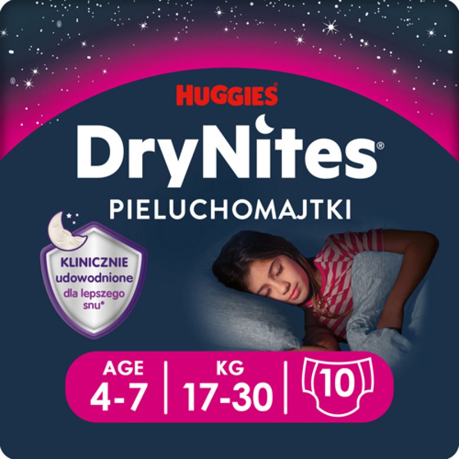 Miniaturka artykułu - #0 HUGGIES DRYNITES GIRLS 4-7 LAT (13-30kg) pieluchomajtki, 10 szt.
