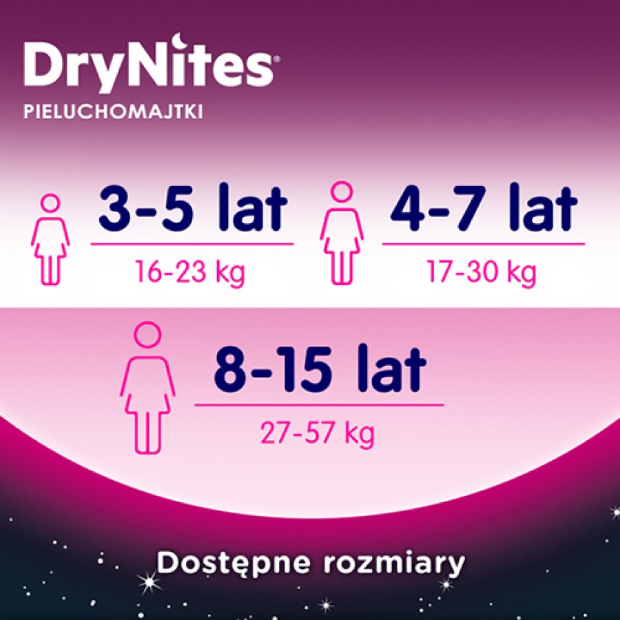 Zdjęcie produktu - 4 HUGGIES DRYNITES GIRLS 8-13 lat (30-48kg) pieluchomajtki, 9 sztuk