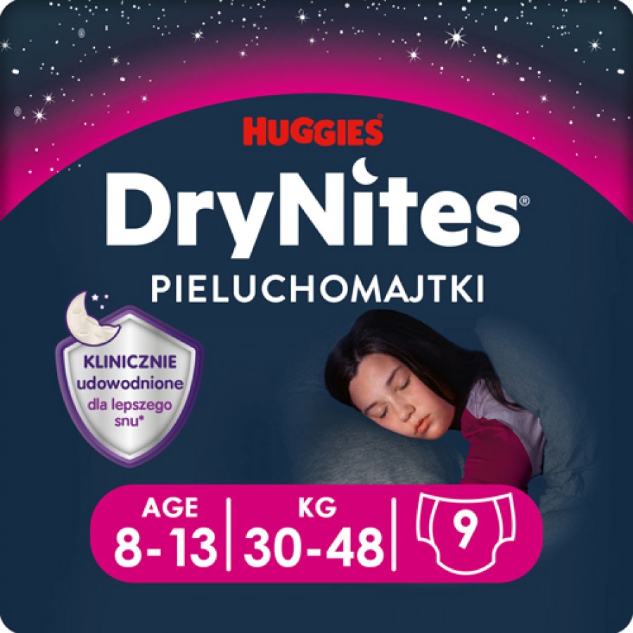 Miniaturka artykułu - #0 HUGGIES DRYNITES GIRLS 8-13 lat (30-48kg) pieluchomajtki, 9 sztuk
