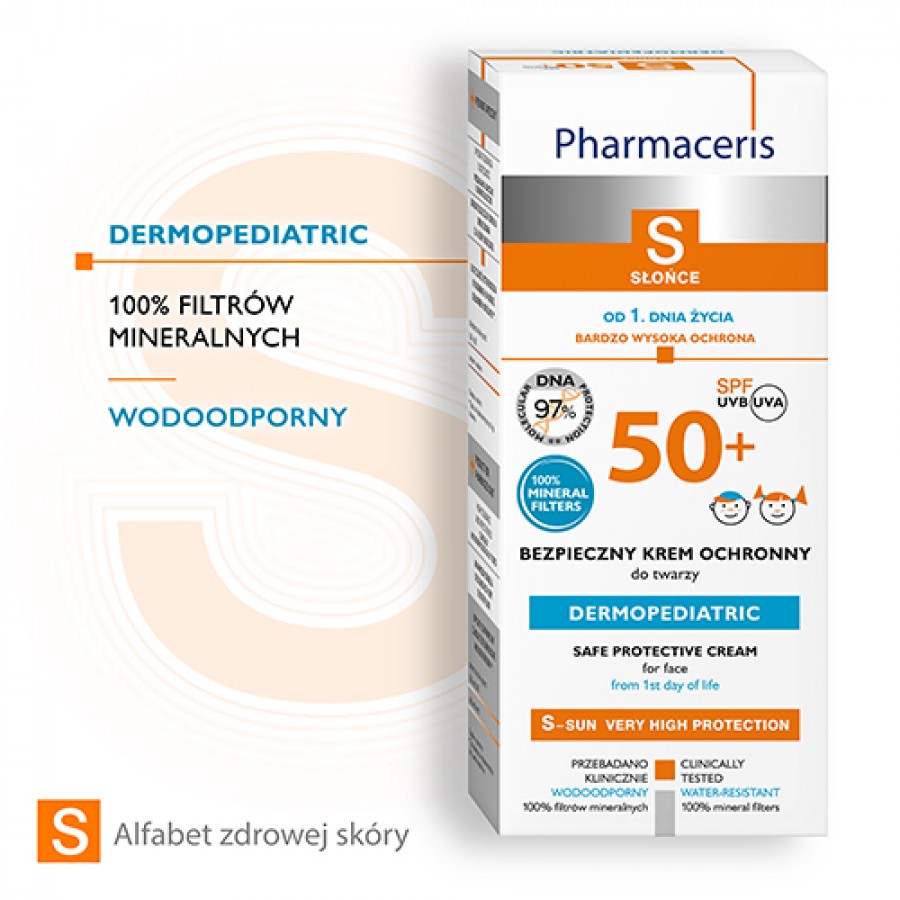 Miniaturka artykułu - #1 PHARMACERIS S SPF 50+ Bezpieczny krem ochronny do twarzy dla dzieci, 50 ml