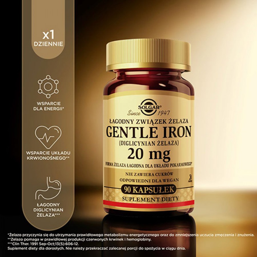 #2 – SOLGAR Gentle Iron 20 mg Łagodny związek żelaza, 90 kaps.