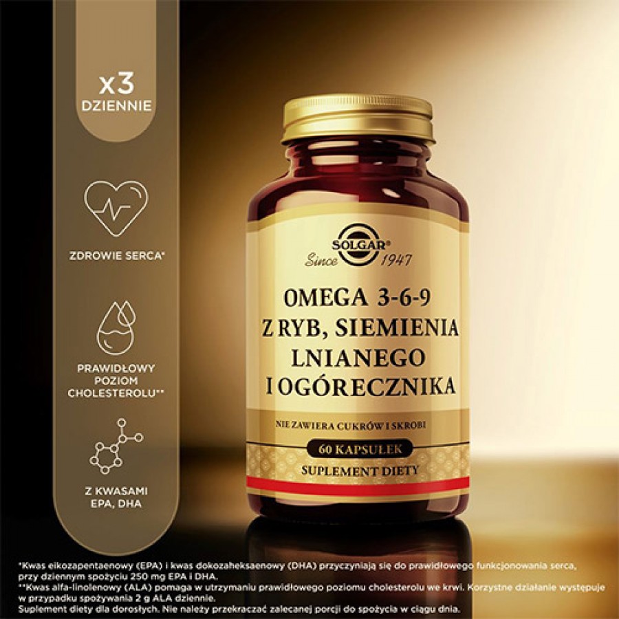 #2 – Solgar Omega 3-6-9 z ryb, siemienia lnianego i og&oacute;recznika, 60 kaps.