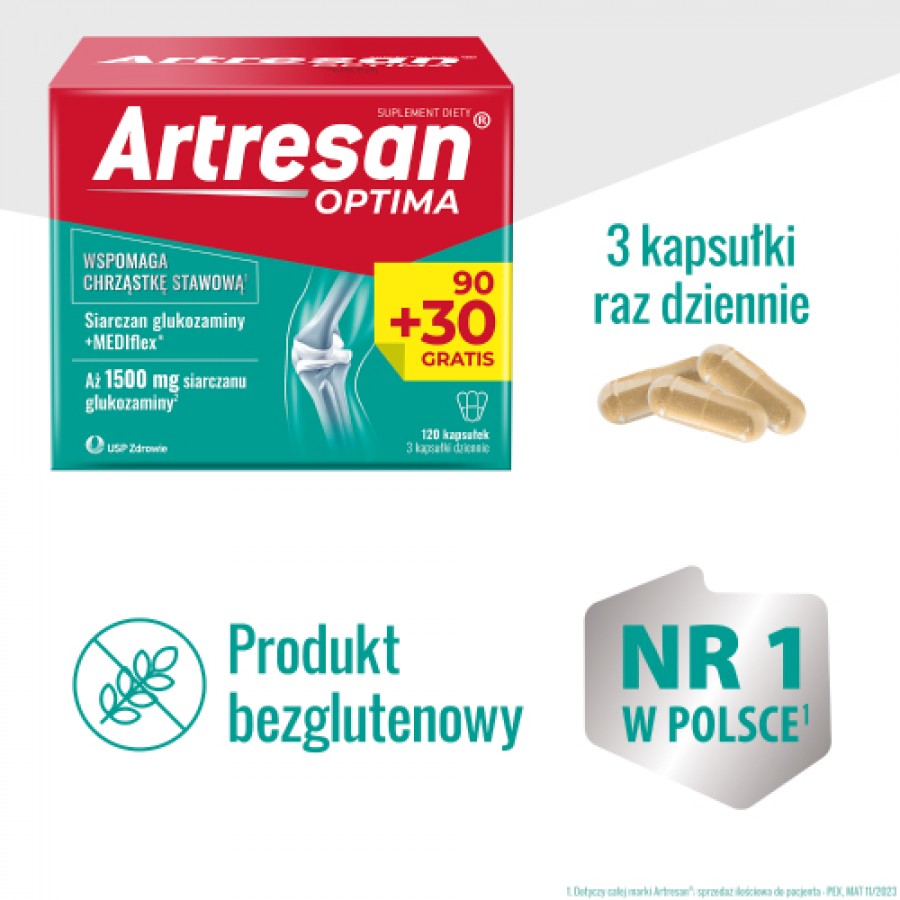 Zdjęcie produktu - 1 Artresan Optima, 120 kapsułek (90 + 30 gratis) - suplement diety z kolagenem i glukozaminą