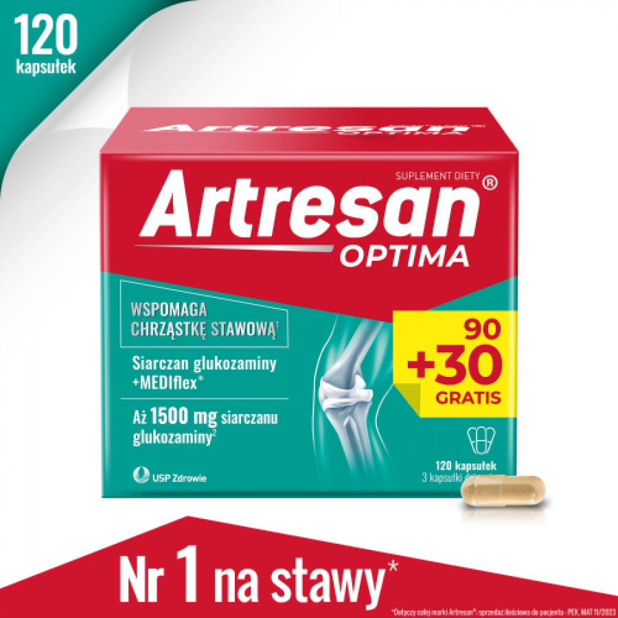 Zdjęcie produktu - 0 Artresan Optima, 120 kapsułek (90 + 30 gratis) - suplement diety z kolagenem i glukozaminą
