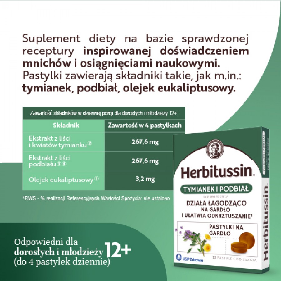 Zdjęcie produktu - 3 Herbitussin Tymianek i Podbiał, 12 pastylek do ssania