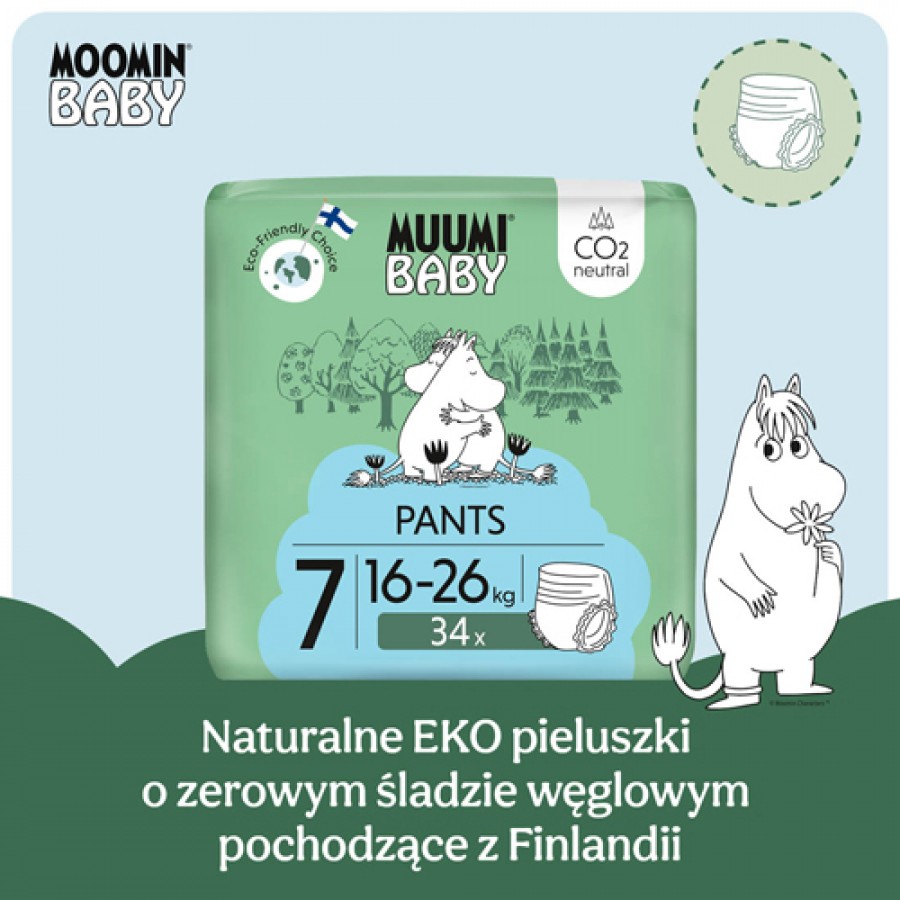 Miniaturka artykułu - #0 Muumi Baby Pants Pieluchomajtki 7 (16-26 kg), 34 szt.