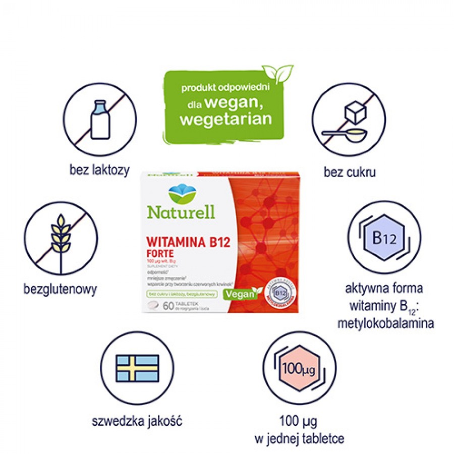 Miniaturka artykułu - #0 NATURELL Witamina B12 Forte, 60 tabl. do ssania