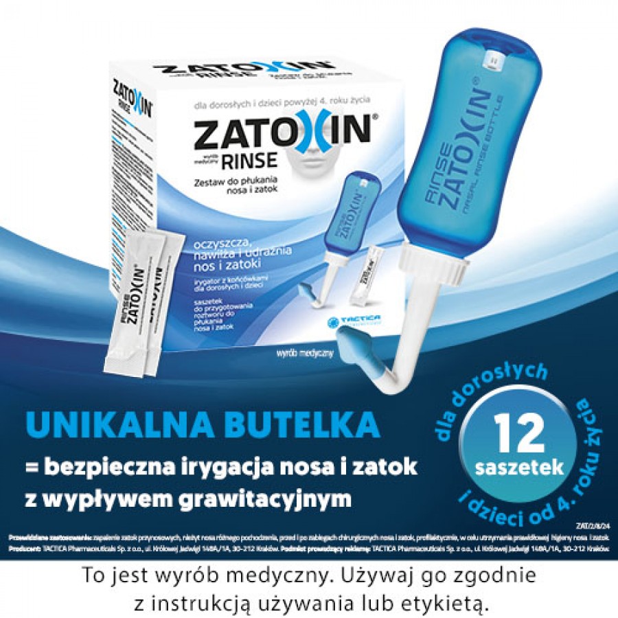 Miniaturka artykułu - #0 Zatoxin Rinse zestaw do płukania nosa i zatok, 12 saszetek + irygator 