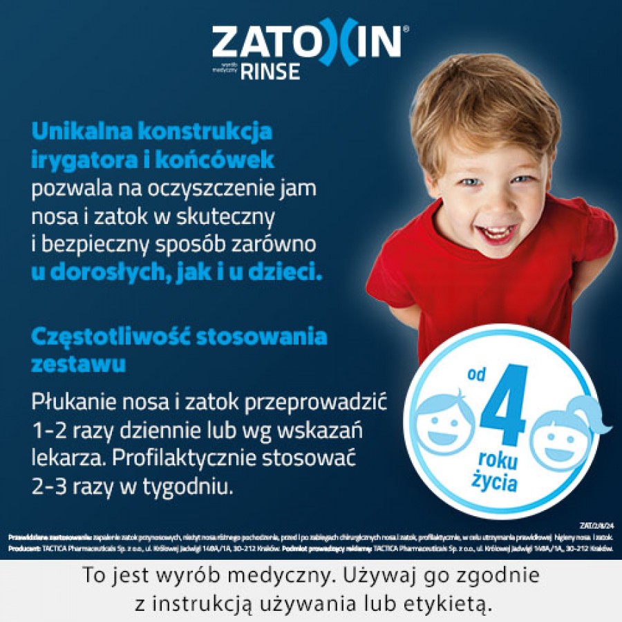 Zdjęcie produktu - 4 Zatoxin Rinse zestaw do płukania nosa i zatok, 12 saszetek + irygator 