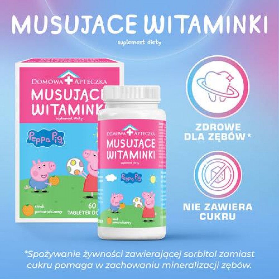 Zdjęcie produktu - 3 DOMOWA APTECZKA Musujące Witaminki świnka peppa, 60tabl.