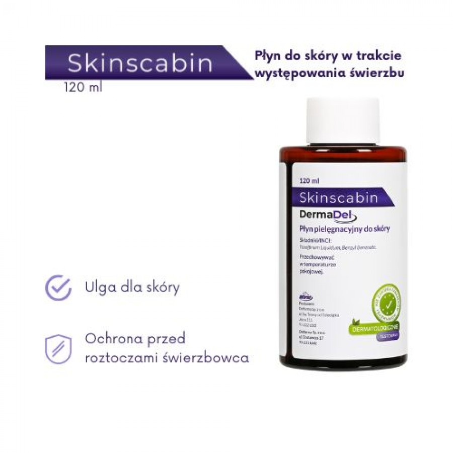 Miniaturka artykułu - #1 SkinScabin Płyn do stosowania zewnętrznego przy świerzbie i wszawicy, 120 ml (NovoScabin)