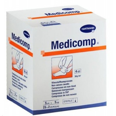 Zdjęcie produktu - 0 Kompresy MEDICOMP 5x5cm z wł&oacute;kniny jałowe- 25x2szt.