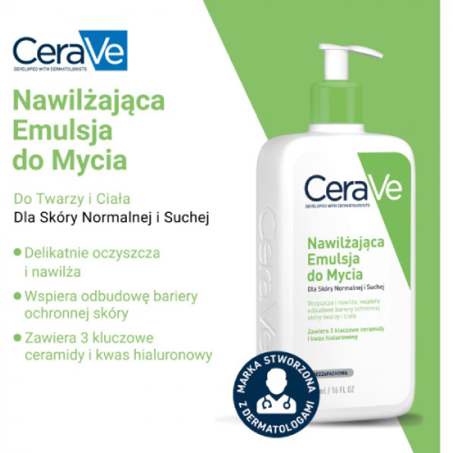 Miniaturka artykułu - #0 CeraVe Nawilżająca emulsja do mycia dla sk&oacute;ry normalnej i suchej, 473 ml