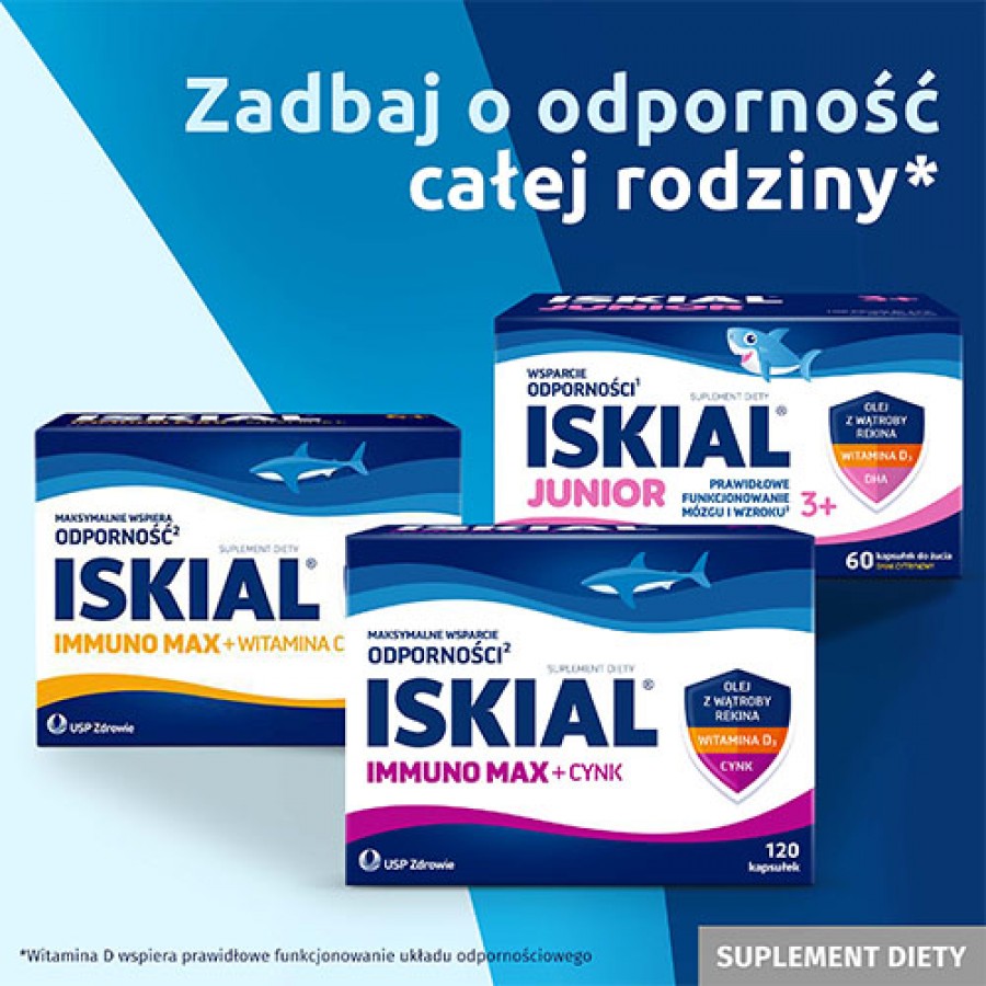 Zdjęcie produktu - 4 Iskial Immuno Max + czosnek, 120 kaps. - z olejem z wątroby rekina i witaminą D