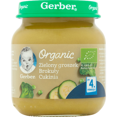 Miniaturka artykułu - #0 Gerber Organic obiadek Zielony groszek brokuły cukinia po 4. miesiącu - 125 g