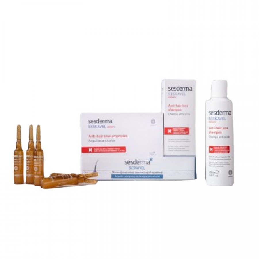 Miniaturka artykułu - #0 SESDERMA SESKAVEL Zestaw Szampon, 200ml + ampułki, 12szt. x 8ml