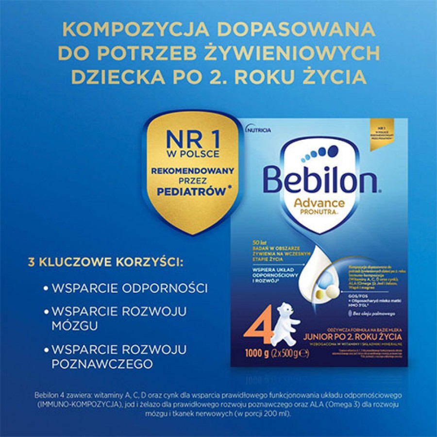 Miniaturka artykułu - #0 Bebilon 4 Pronutra Junior Formuła na bazie mleka po 2. roku życia, 1000 g (2 x 500 g)