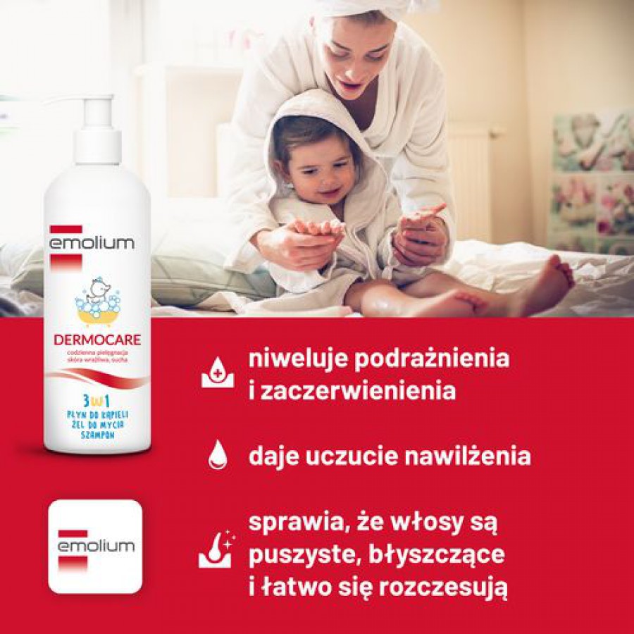 Miniaturka artykułu - #1 EMOLIUM Dermocare 3w1 Płyn, żel i szampon do codziennej pielęgnacji sk&oacute;ry, 400 ml