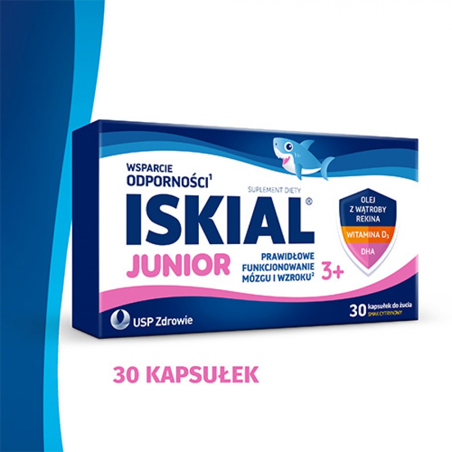 Miniaturka artykułu - #0 Iskial Junior olej z wątroby rekina, witamina D, DHA smak cytrynowy, 30 kaps. do żucia