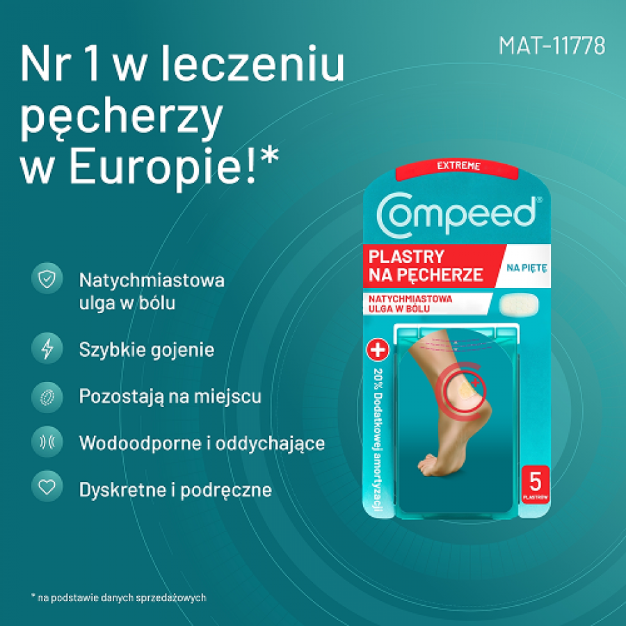 Miniaturka artykułu - #1 Compeed Plastry na pęcherze na piętach dla aktywnych średnie, 5 szt.