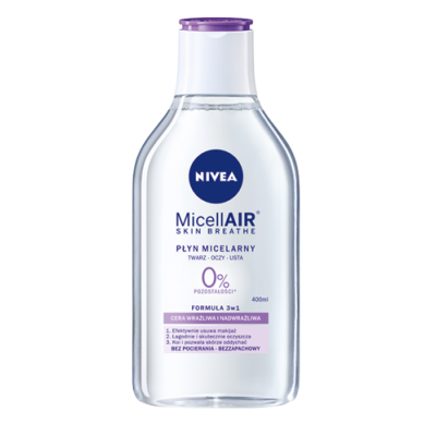 Miniaturka artykułu - #0 NIVEA MicellAIR Płyn micelarny 3w1 cera wrażliwa i nadwrażliwa, 400ml