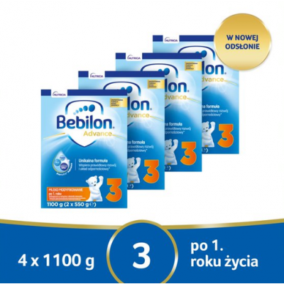 Miniaturka artykułu - #0 Zestaw Bebilon Advance 3 Mleko modyfikowane proszek powyżej 1 roku życia, 4x 1100g