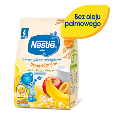 Miniaturka artykułu - #0 NESTLE Dzień dobry Kaszka mleczna ryżowo-kukurydziana jabłko banan morela po 9 miesiącu, 230 g